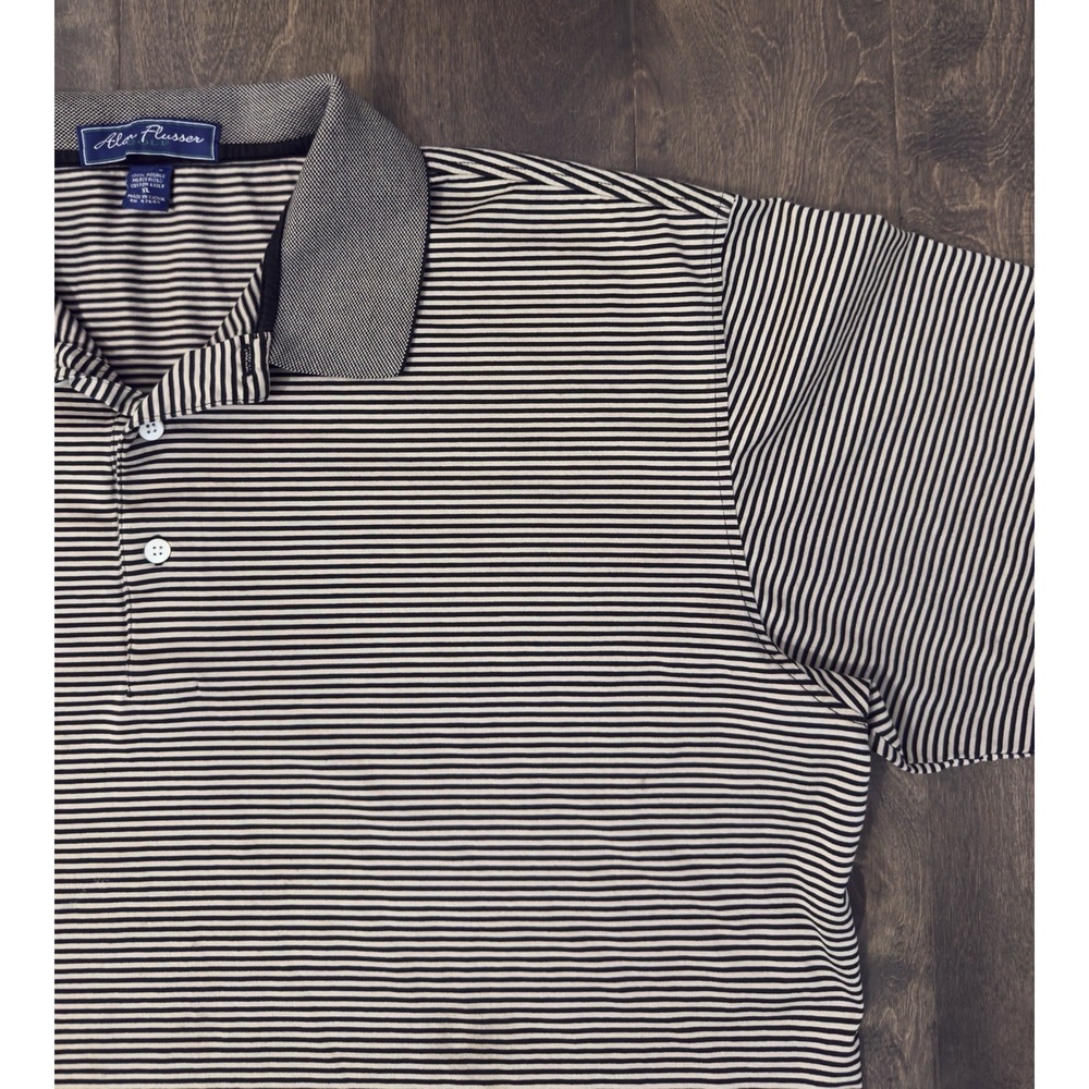 Alan Flusser Polo Shirt Mens XL Tan Striped Mercerized Cotton Golf Short Sleeve - Picture 4 of 5